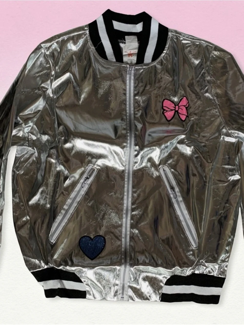JoJo Siwa Silver Bomber Jacket with Metallic Pink Pants & Pink Bow Costume